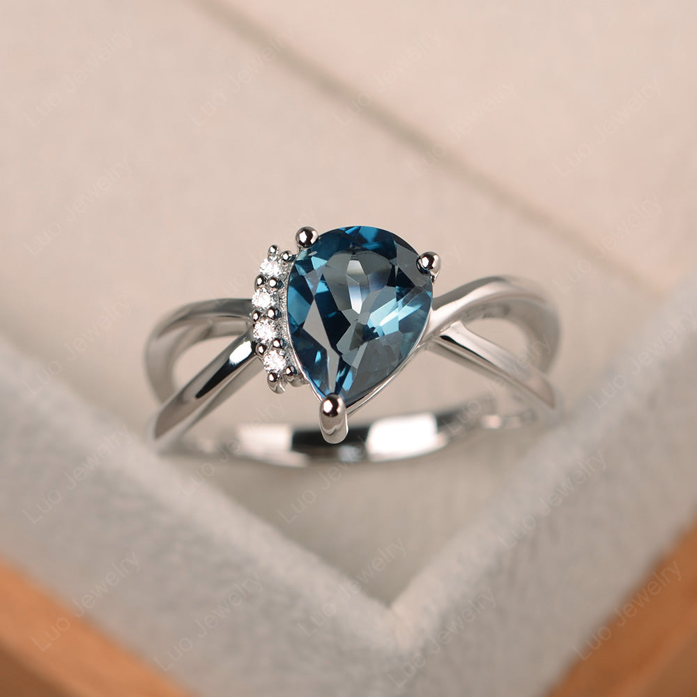 London Blue Topaz Ring Split Shank Pear Engagement Ring - LUO Jewelry