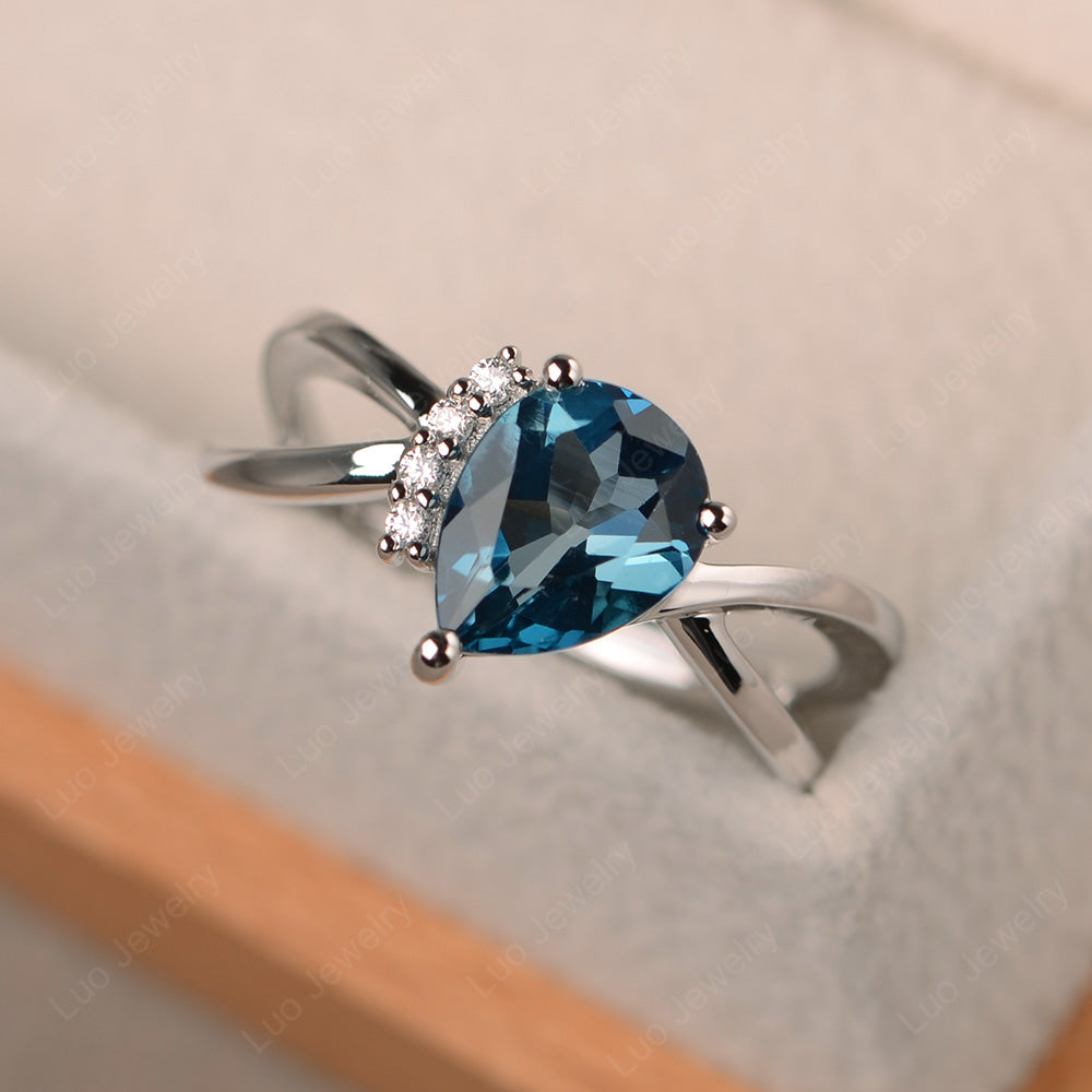 London Blue Topaz Ring Split Shank Pear Engagement Ring - LUO Jewelry