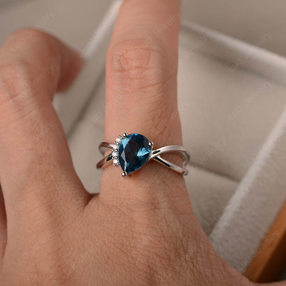 London Blue Topaz Ring Split Shank Pear Engagement Ring - LUO Jewelry