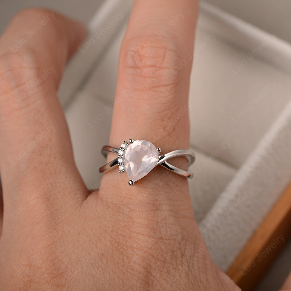 Rose Quartz Ring Split Shank Pear Engagement Ring - LUO Jewelry