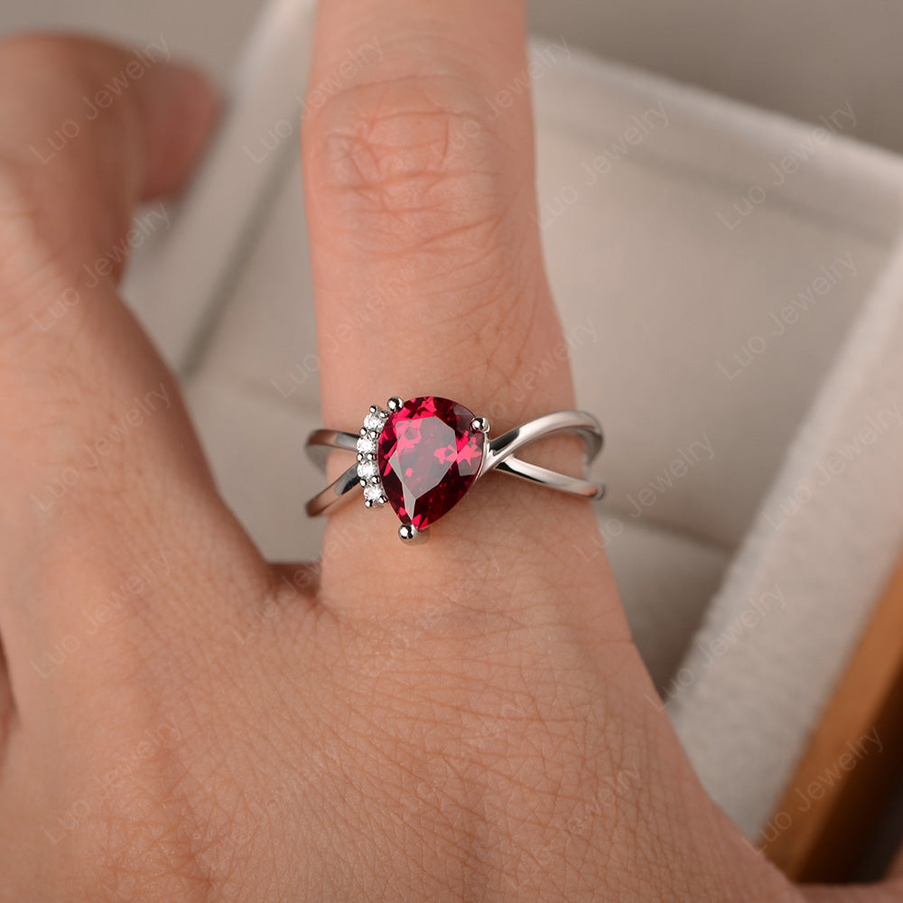 Ruby Ring Split Shank Pear Engagement Ring - LUO Jewelry