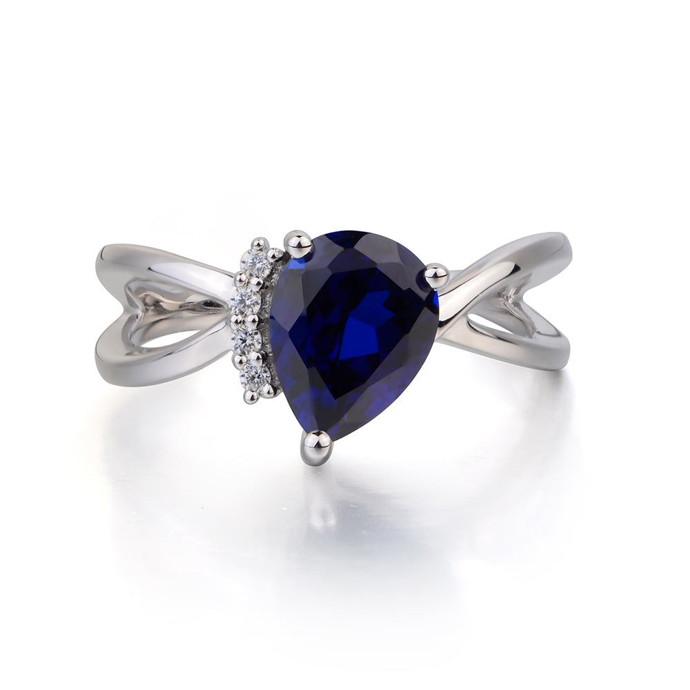 Lab Sapphire Ring Split Shank Pear Engagement Ring - LUO Jewelry