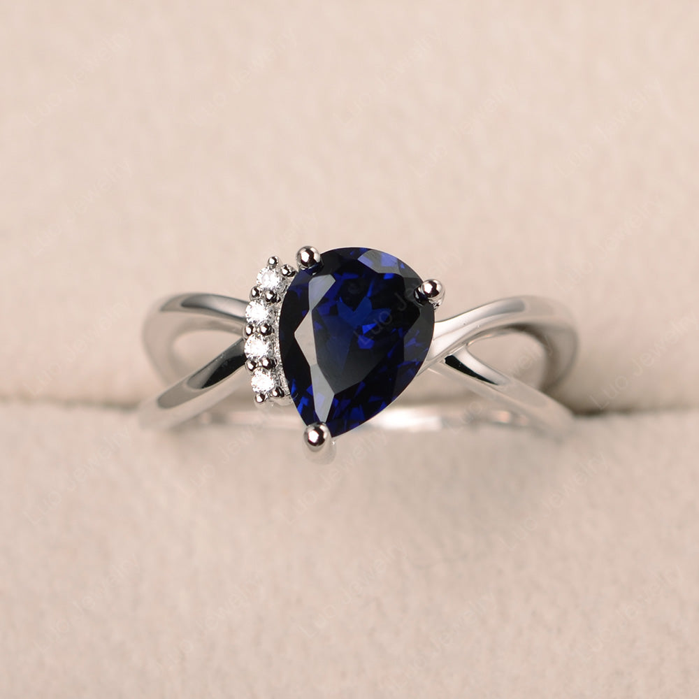 Lab Sapphire Ring Split Shank Pear Engagement Ring - LUO Jewelry