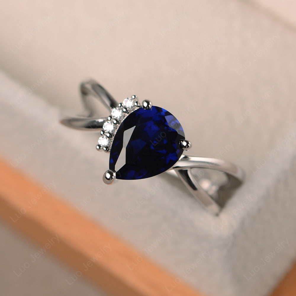 Lab Sapphire Ring Split Shank Pear Engagement Ring - LUO Jewelry