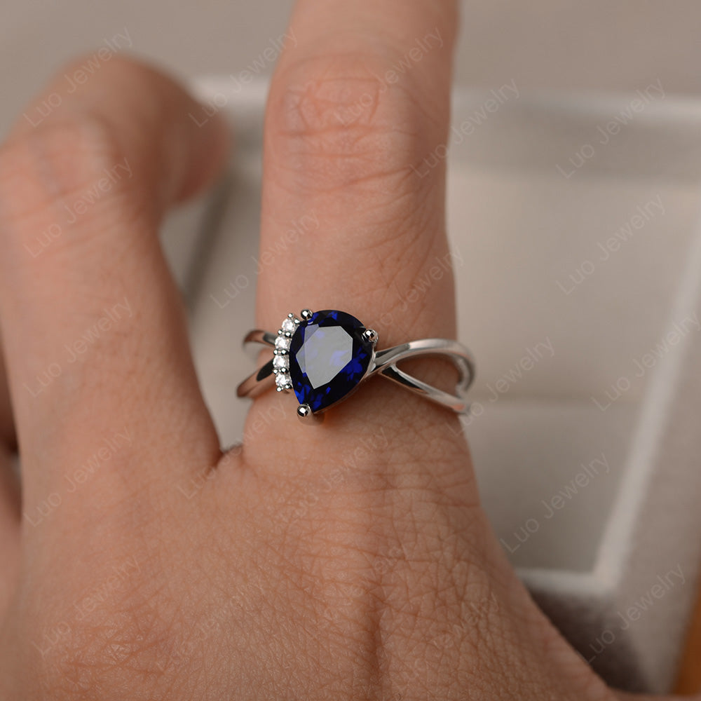 Lab Sapphire Ring Split Shank Pear Engagement Ring - LUO Jewelry