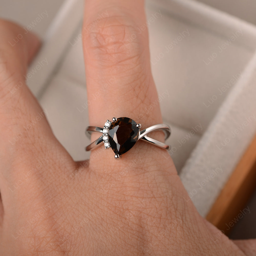 Smoky Quartz  Ring Split Shank Pear Engagement Ring - LUO Jewelry