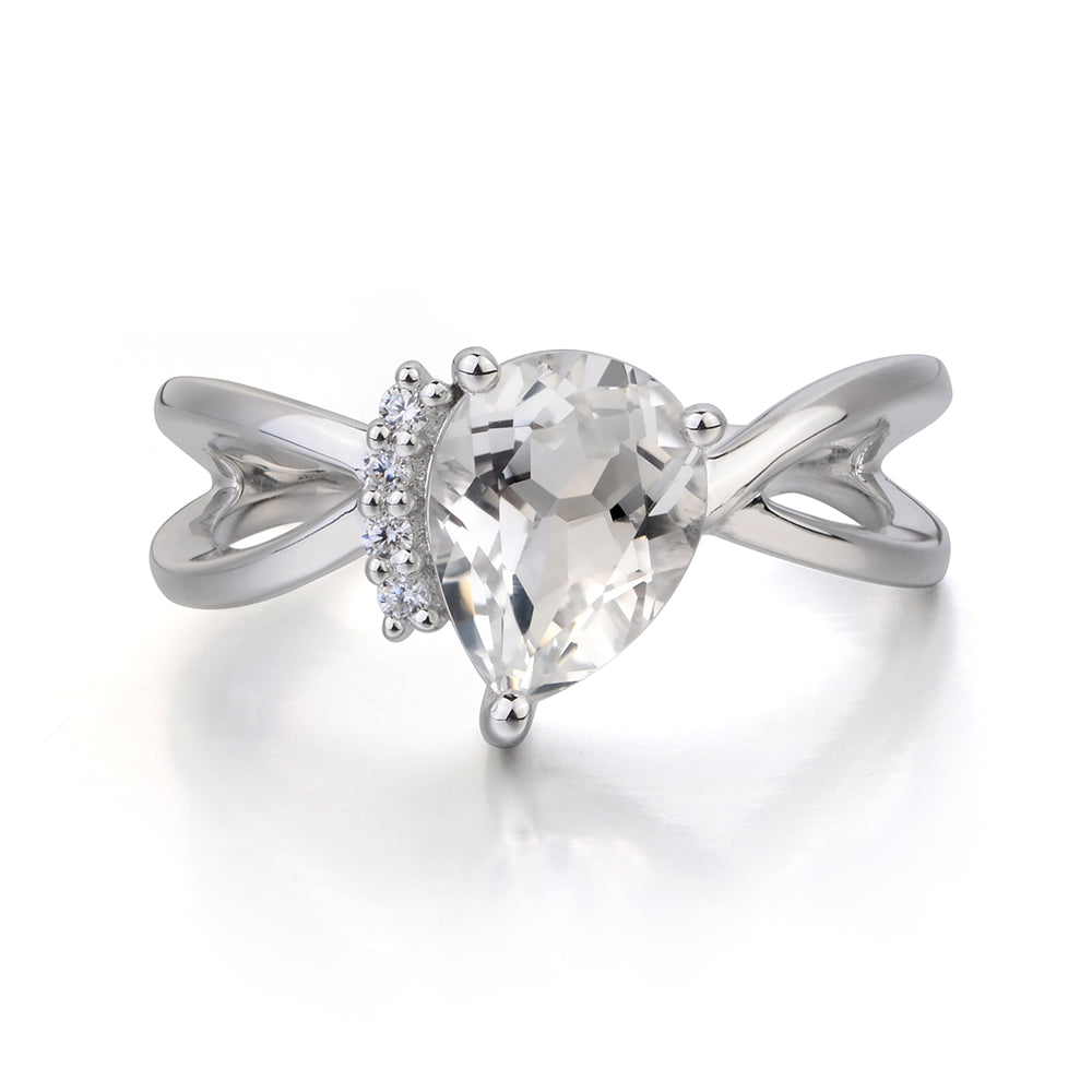 White Topaz Ring Split Shank Pear Engagement Ring - LUO Jewelry