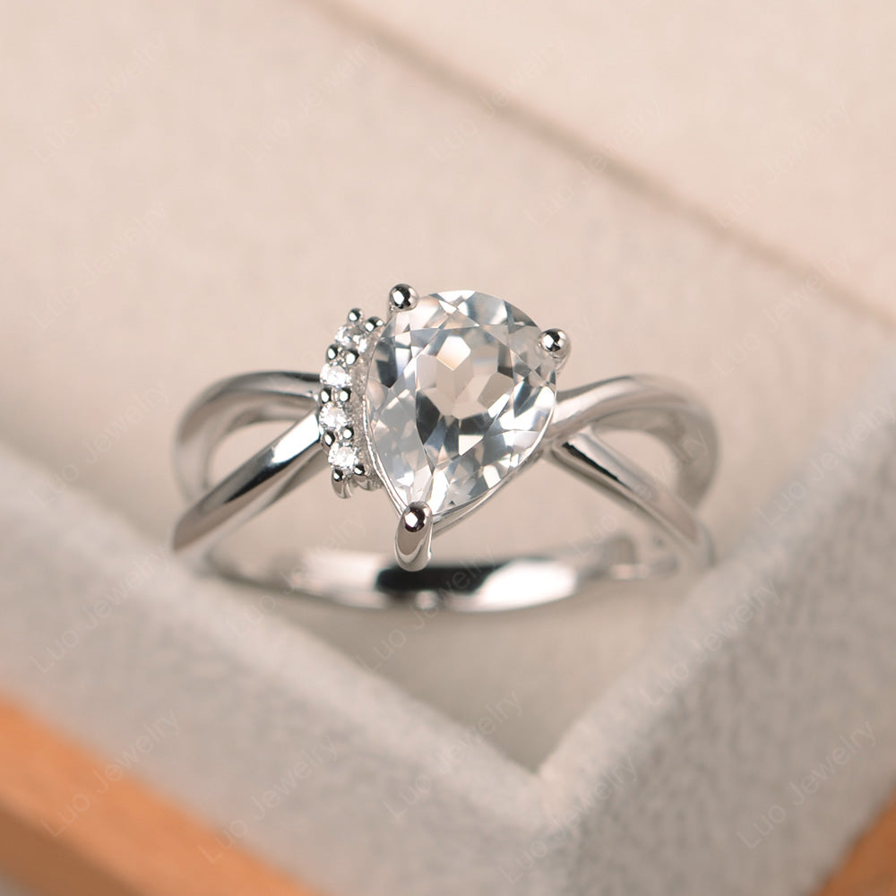 White Topaz Ring Split Shank Pear Engagement Ring - LUO Jewelry