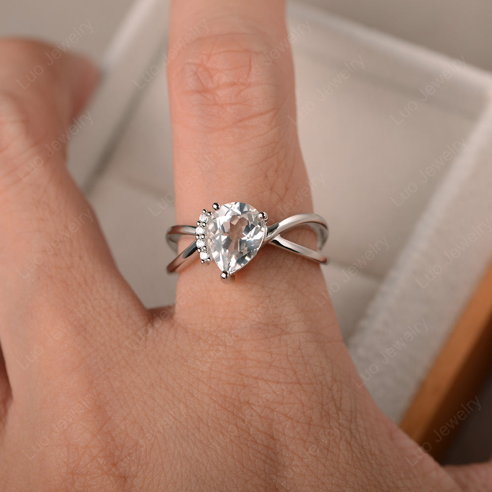 White Topaz Ring Split Shank Pear Engagement Ring - LUO Jewelry