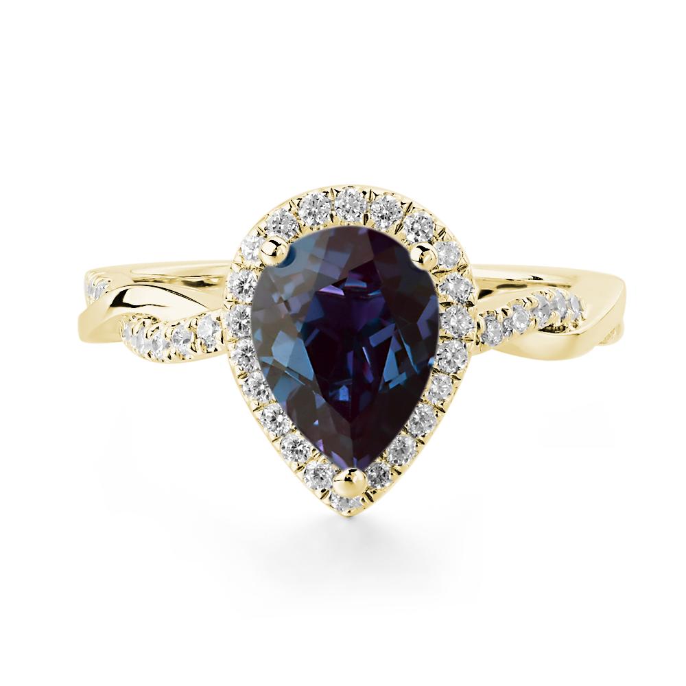 Pear Shaped Lab Created Alexandrite Twisted Halo Ring - LUO Jewelry #metal_18k yellow gold