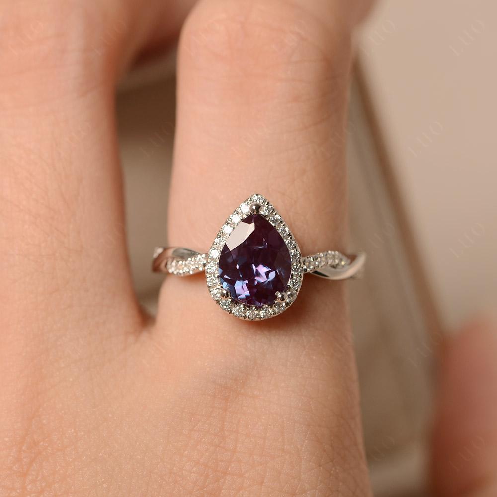 Pear Shaped Alexandrite Twisted Halo Engagement Ring - LUO Jewelry