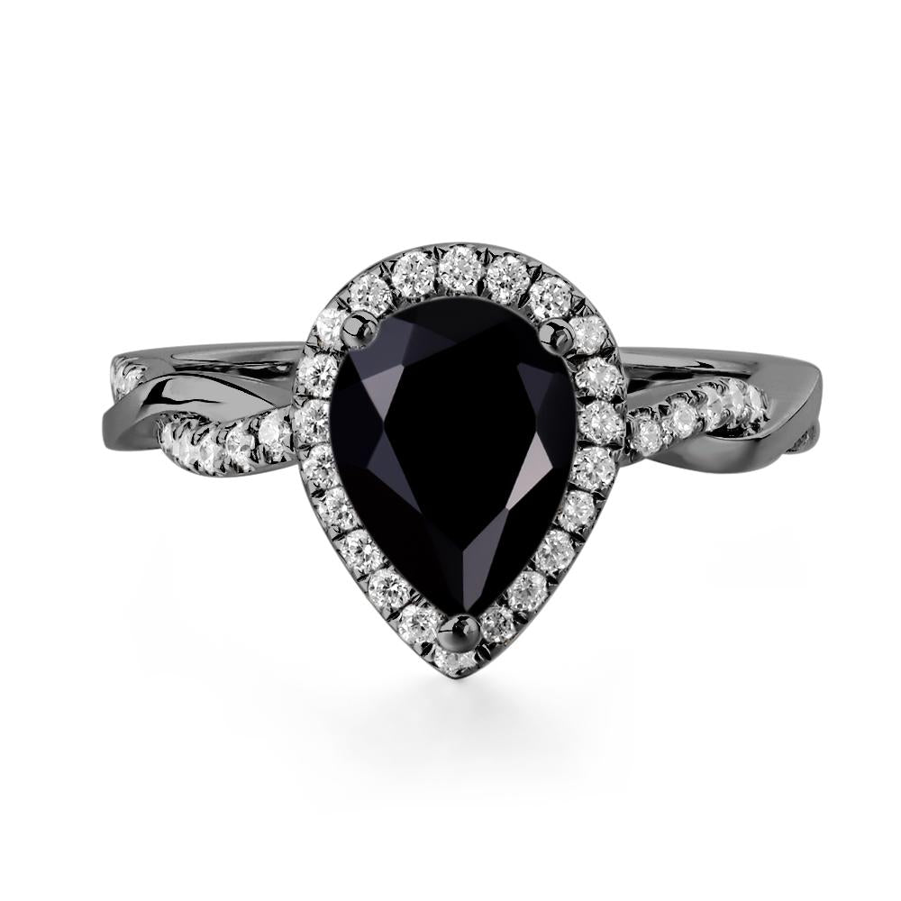 Pear Shaped Black Spinel Twisted Halo Ring - LUO Jewelry #metal_black finish sterling silver