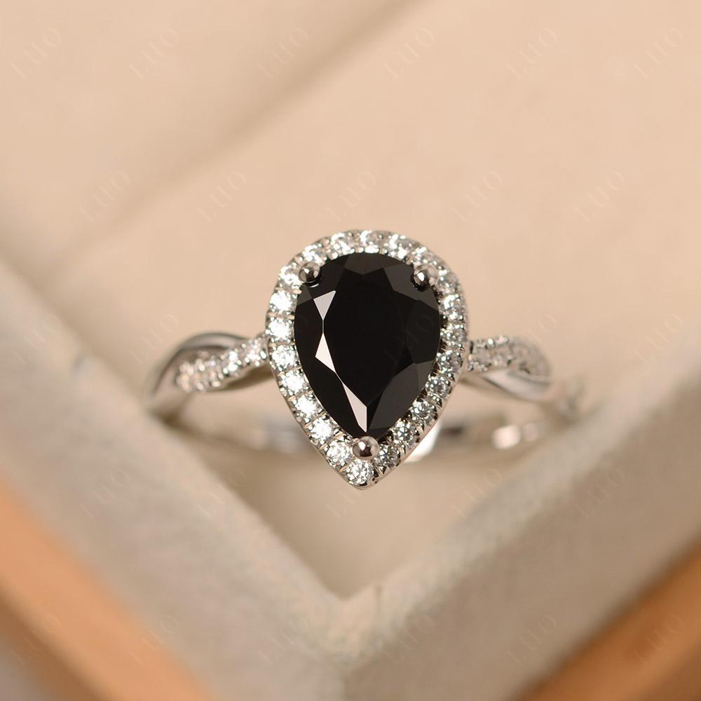 Pear Shaped Black Spinel Twisted Halo Ring - LUO Jewelry