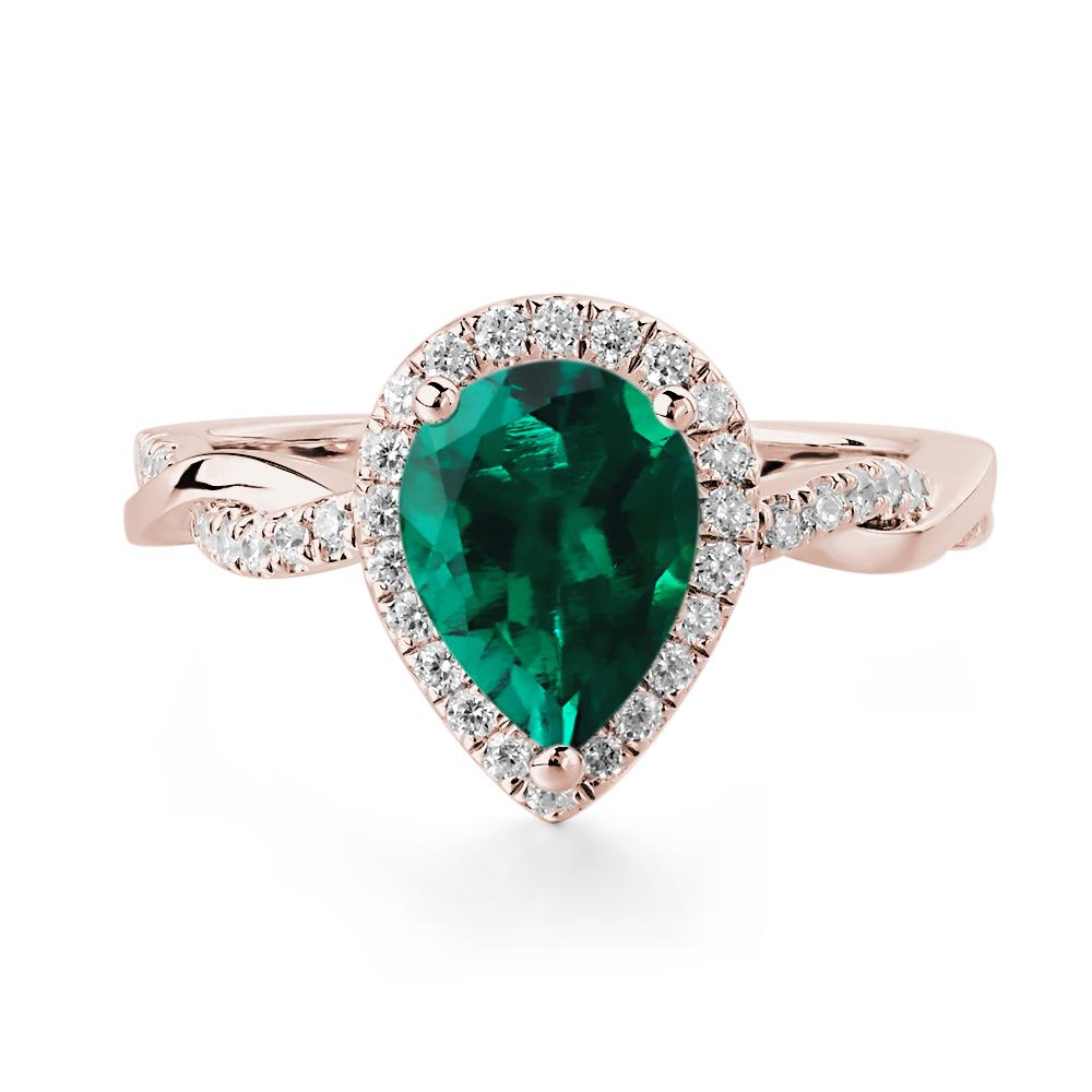 Pear Shaped Lab Created Emerald Twisted Halo Ring - LUO Jewelry #metal_14k rose gold
