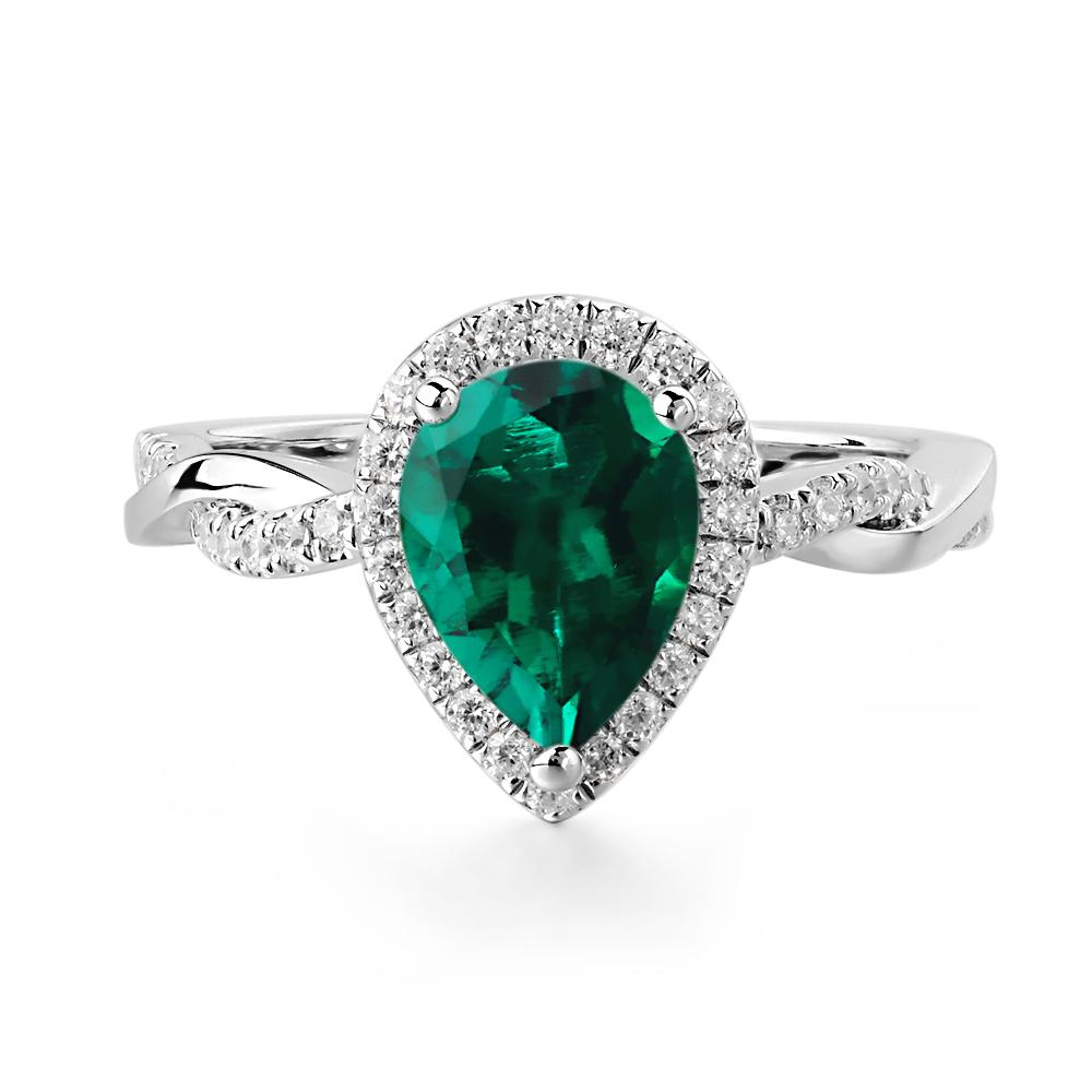 Pear Shaped Lab Created Emerald Twisted Halo Ring - LUO Jewelry #metal_14k white gold