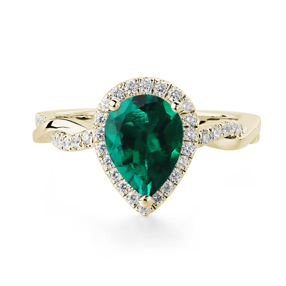 Pear Shaped Lab Created Emerald Twisted Halo Ring - LUO Jewelry #metal_14k yellow gold