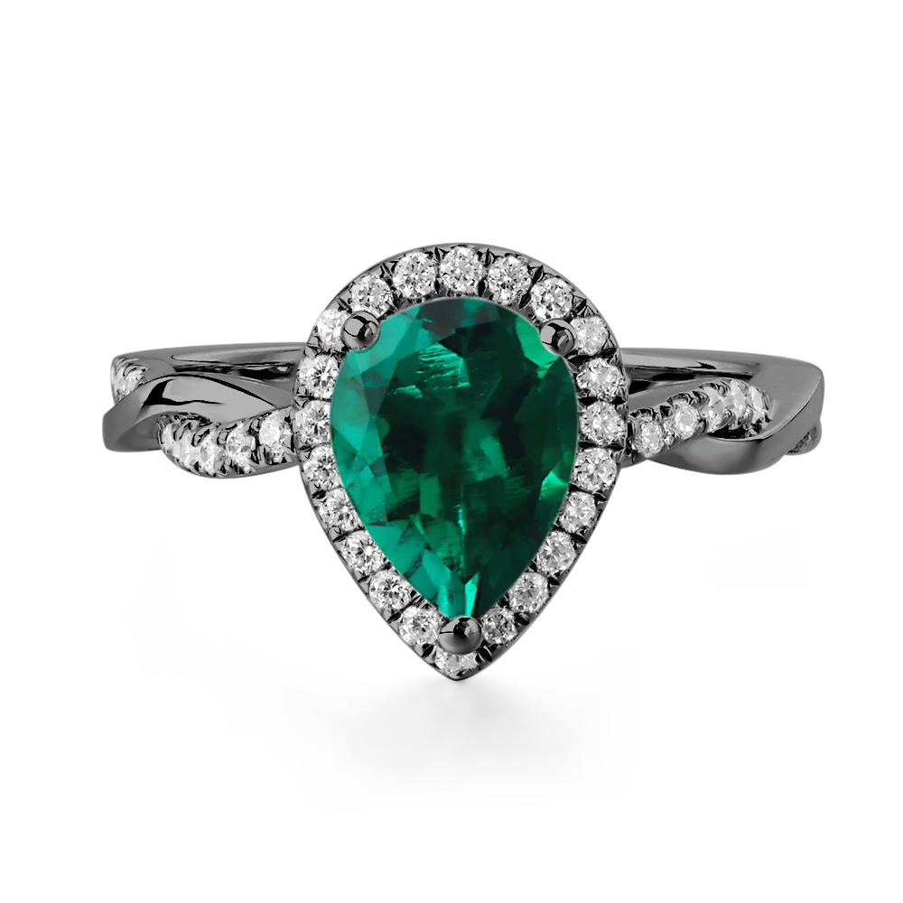 Pear Shaped Lab Created Emerald Twisted Halo Ring - LUO Jewelry #metal_black finish sterling silver