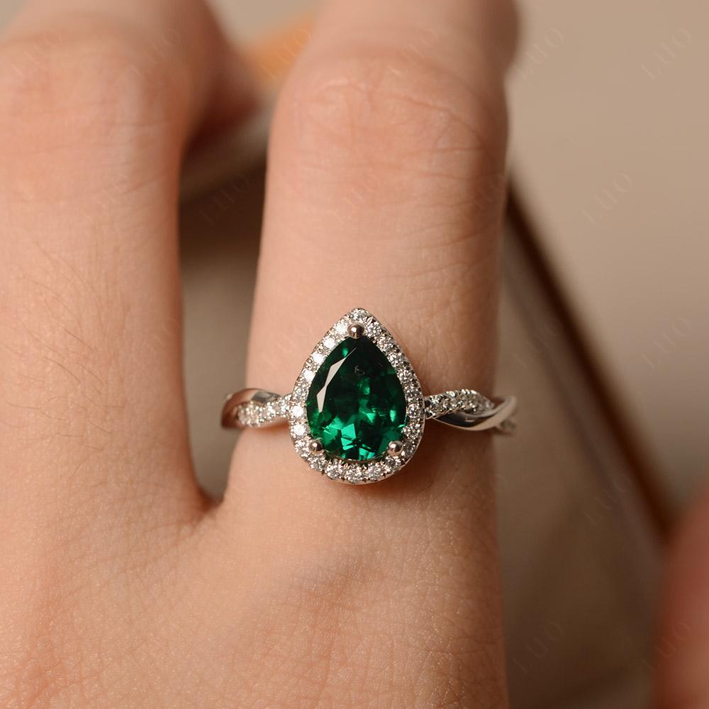 Pear Shaped Lab Created Emerald Twisted Halo Ring - LUO Jewelry