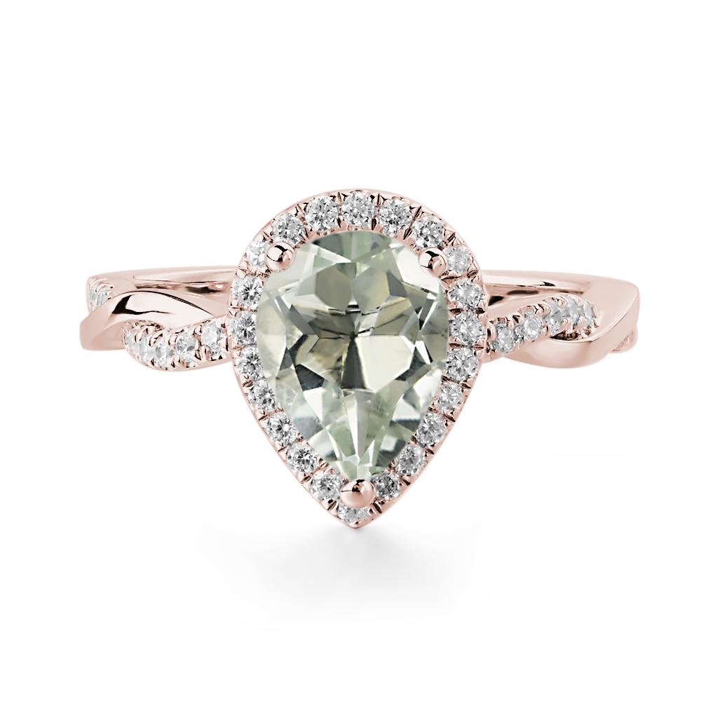 Pear Shaped Green Amethyst Twisted Halo Ring - LUO Jewelry #metal_14k rose gold