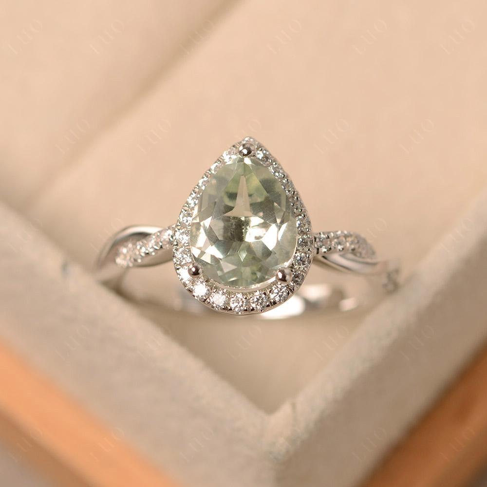 Pear Shaped Green Amethyst Twisted Halo Engagement Ring - LUO Jewelry