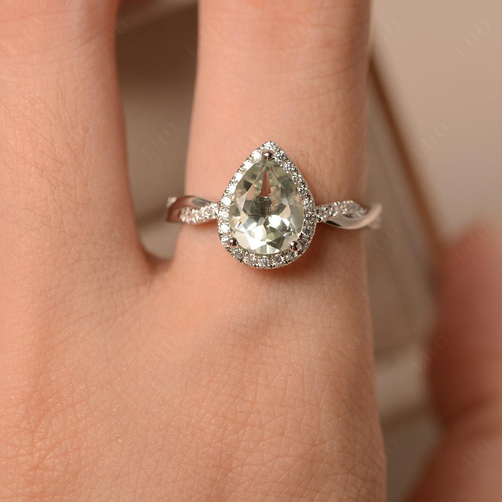 Pear Shaped Green Amethyst Twisted Halo Ring - LUO Jewelry