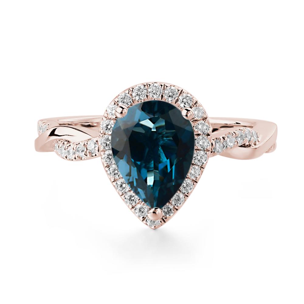 Pear Shaped London Blue Topaz Twisted Halo Ring - LUO Jewelry #metal_14k rose gold