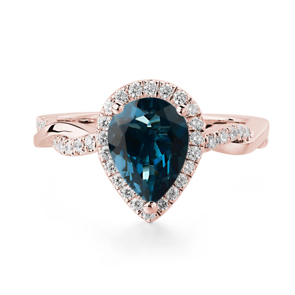 Pear Shaped London Blue Topaz Twisted Halo Ring - LUO Jewelry #metal_18k rose gold