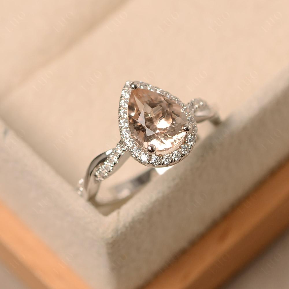 Pear Shaped Morganite Twisted Halo Engagement Ring - LUO Jewelry