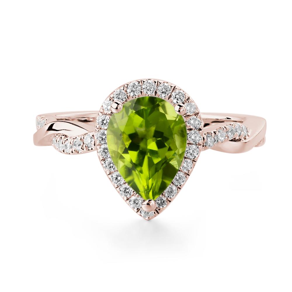 Pear Shaped Peridot Twisted Halo Ring - LUO Jewelry #metal_14k rose gold