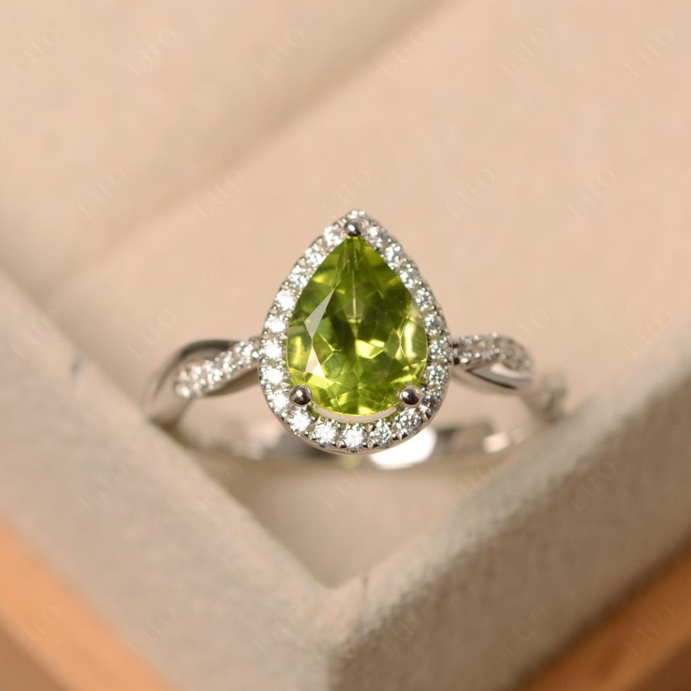 Pear Shaped Peridot Twisted Halo Engagement Ring - LUO Jewelry