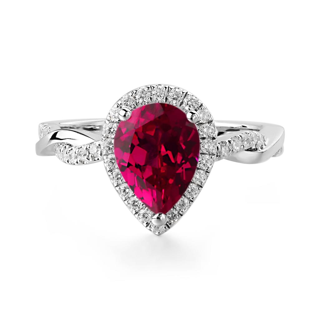 Pear Shaped Lab Created Ruby Twisted Halo Ring - LUO Jewelry #metal_14k white gold
