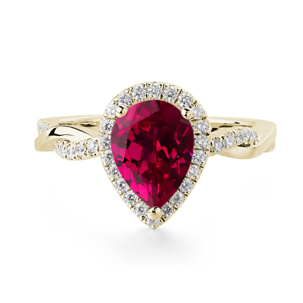 Pear Shaped Lab Created Ruby Twisted Halo Ring - LUO Jewelry #metal_14k yellow gold