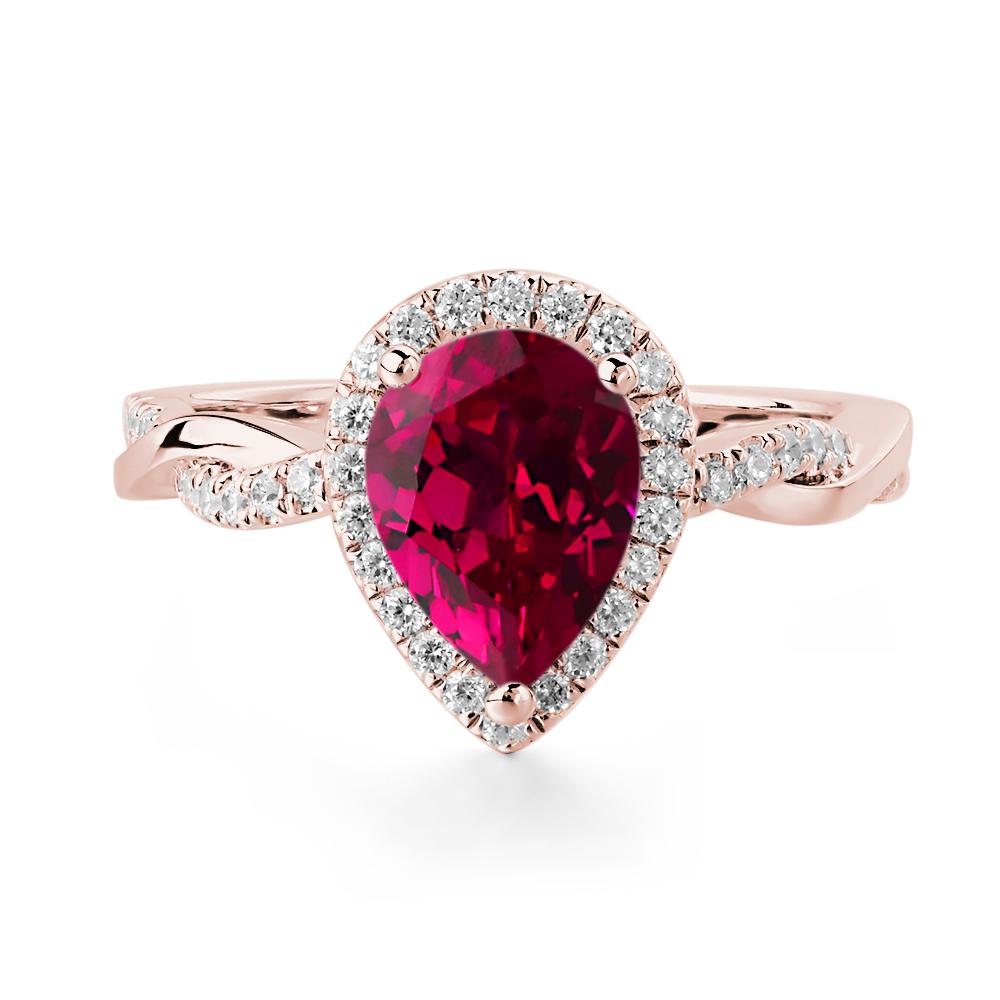 Pear Shaped Lab Created Ruby Twisted Halo Ring - LUO Jewelry #metal_18k rose gold