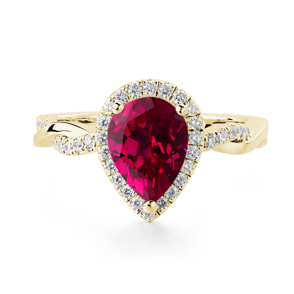 Pear Shaped Lab Created Ruby Twisted Halo Ring - LUO Jewelry #metal_18k yellow gold
