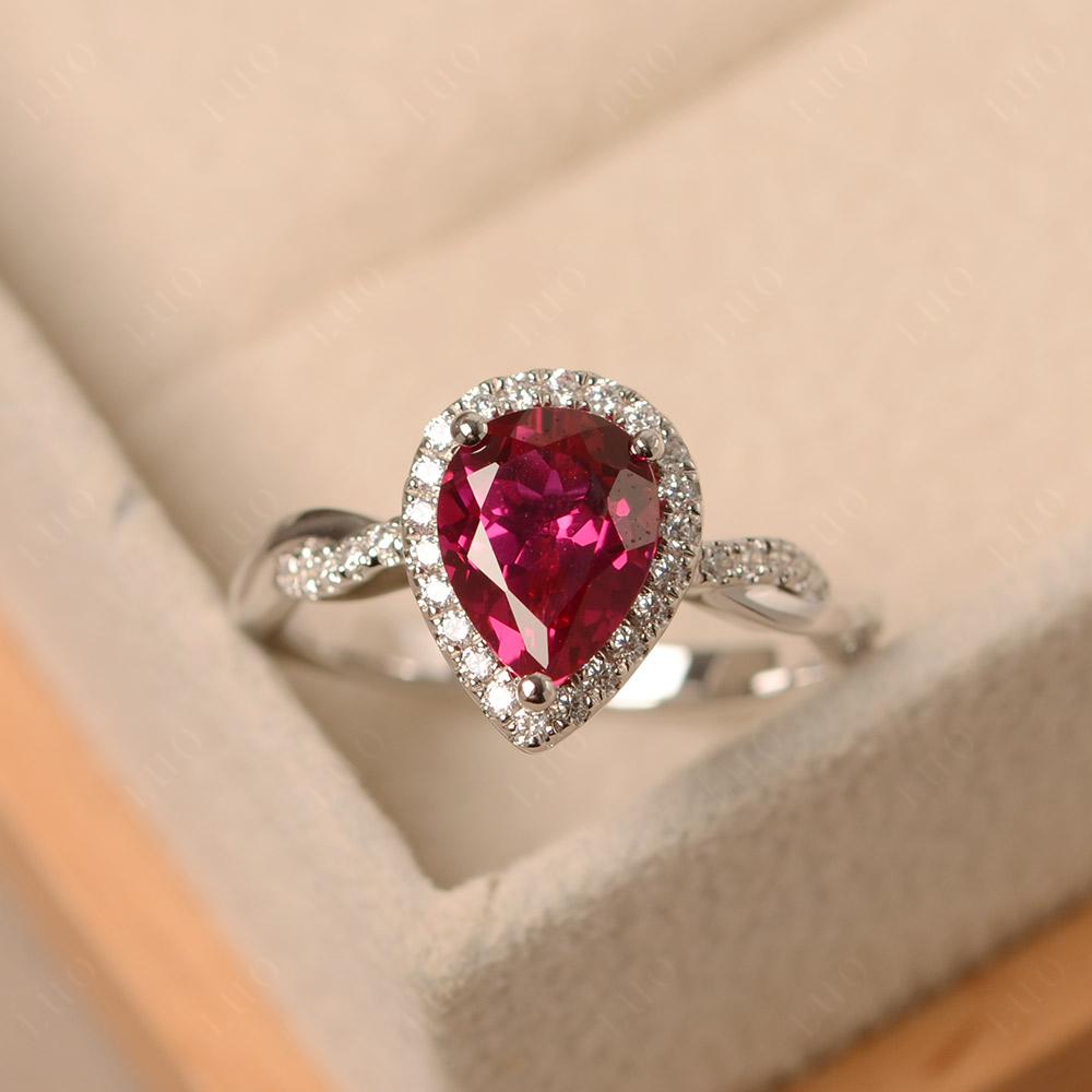 Pear Shaped Lab Created Ruby Twisted Halo Ring - LUO Jewelry
