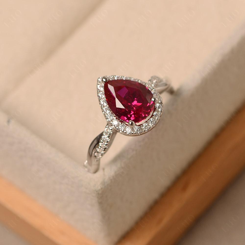 Pear Shaped Ruby Twisted Halo Engagement Ring - LUO Jewelry