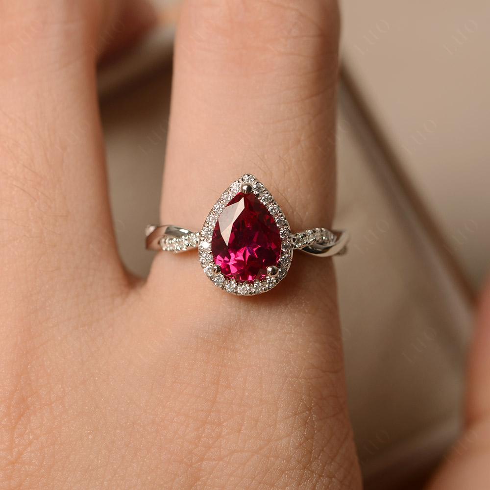 Pear Shaped Lab Created Ruby Twisted Halo Ring - LUO Jewelry