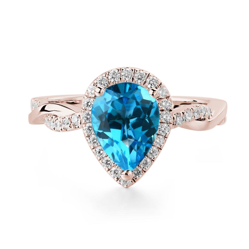 Pear Shaped Swiss Blue Topaz Twisted Halo Ring - LUO Jewelry #metal_14k rose gold