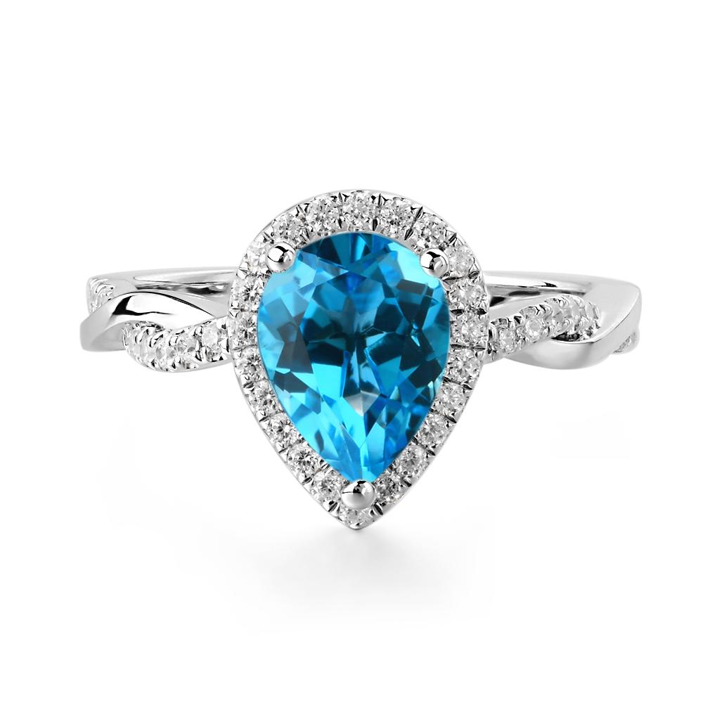Pear Shaped Swiss Blue Topaz Twisted Halo Ring - LUO Jewelry #metal_14k white gold