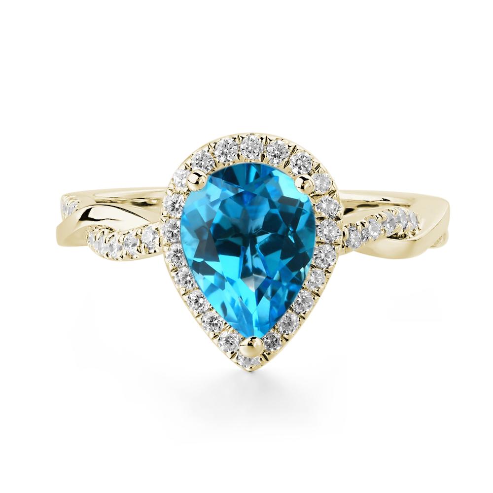 Pear Shaped Swiss Blue Topaz Twisted Halo Ring - LUO Jewelry #metal_14k yellow gold