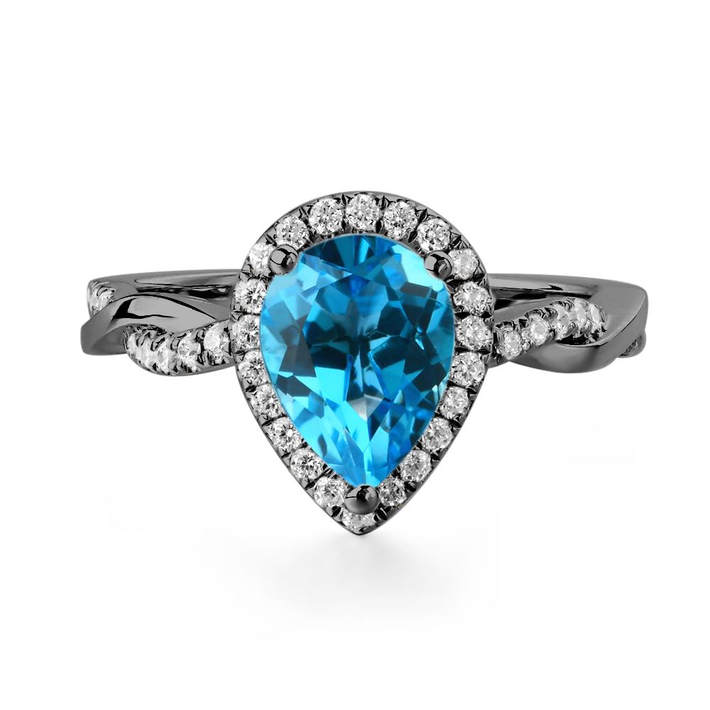 Pear Shaped Swiss Blue Topaz Twisted Halo Ring - LUO Jewelry #metal_black finish sterling silver