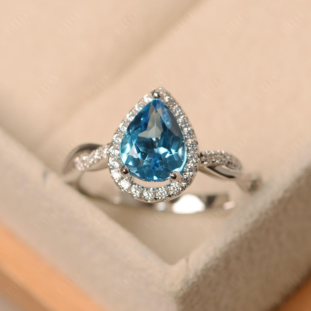 Pear Shaped Swiss Blue Topaz Twisted Halo Ring - LUO Jewelry