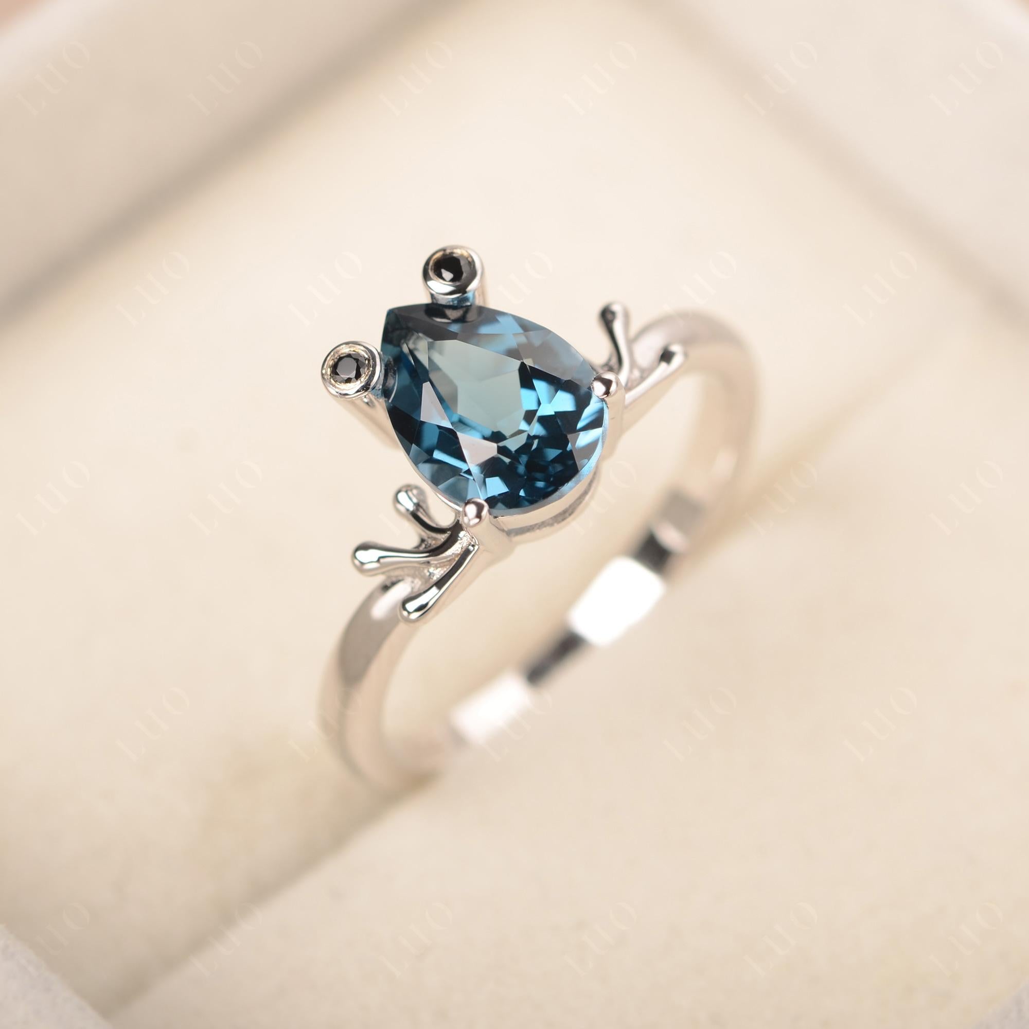 London Blue Topaz Ring Frog Engagement Ring White Gold - LUO Jewelry