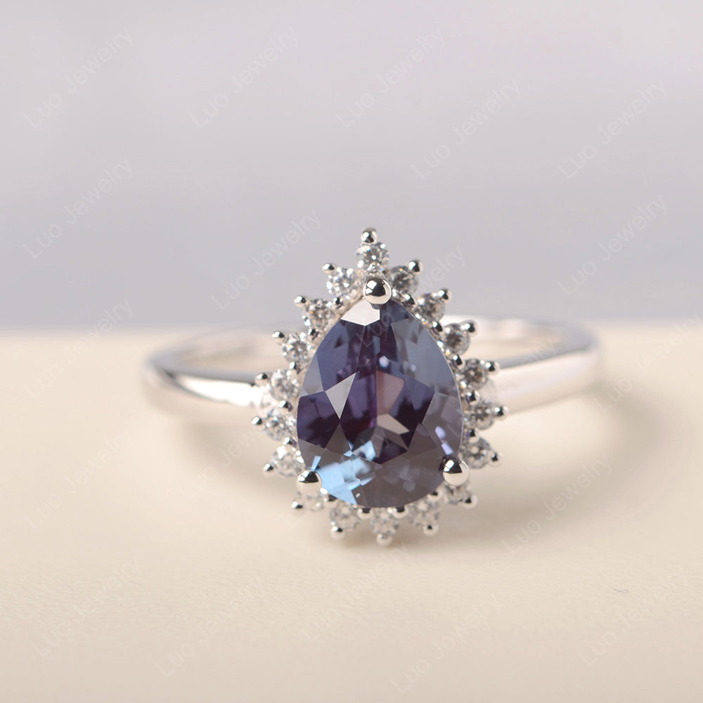 Alexandrite Pear Halo Engagement Ring Silver - LUO Jewelry