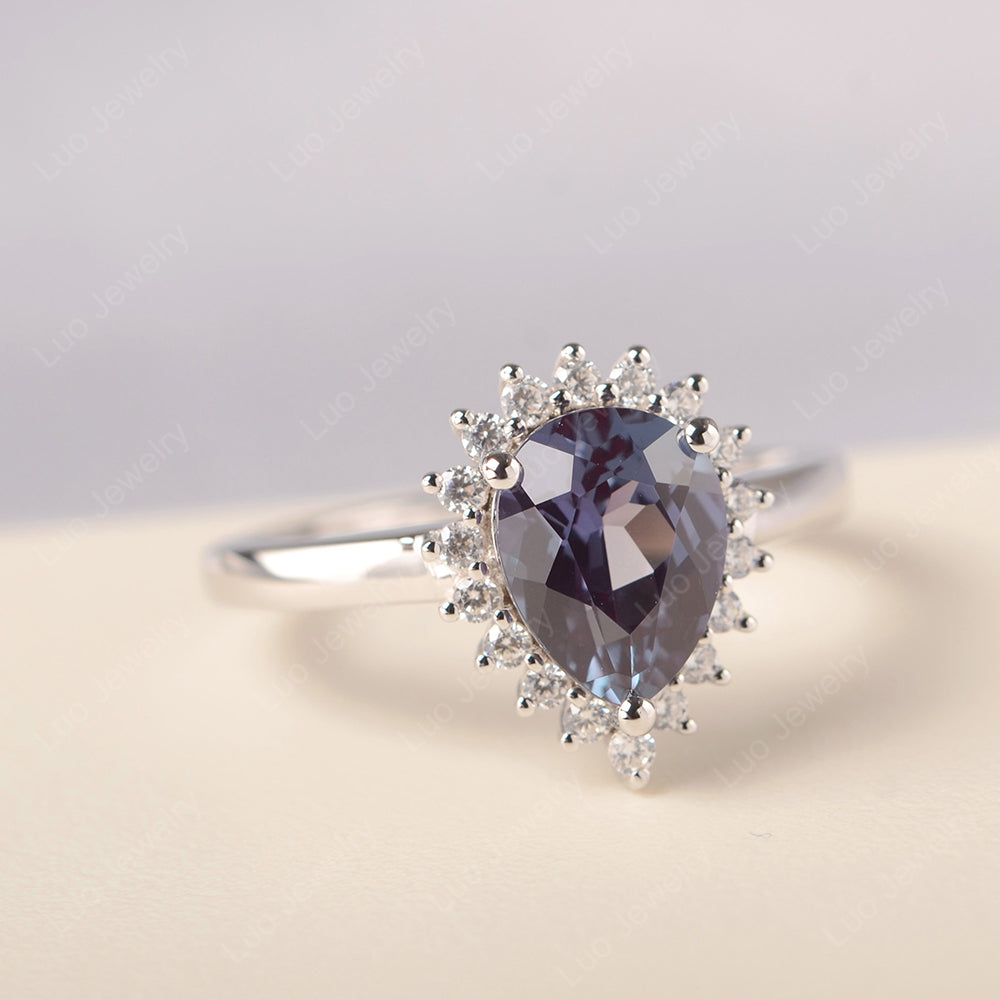 Alexandrite Pear Halo Engagement Ring Silver - LUO Jewelry