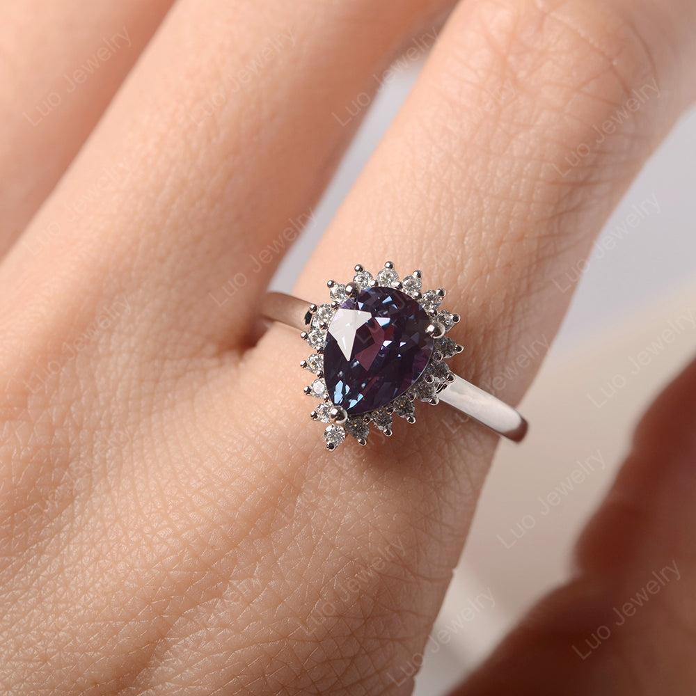 Alexandrite Pear Halo Engagement Ring Silver - LUO Jewelry