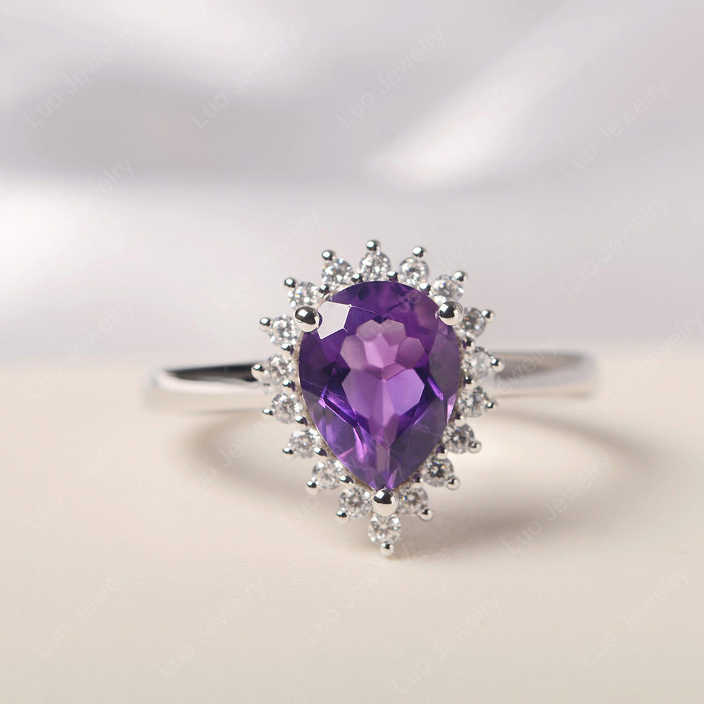 Amethyst Pear Halo Engagement Ring Silver - LUO Jewelry