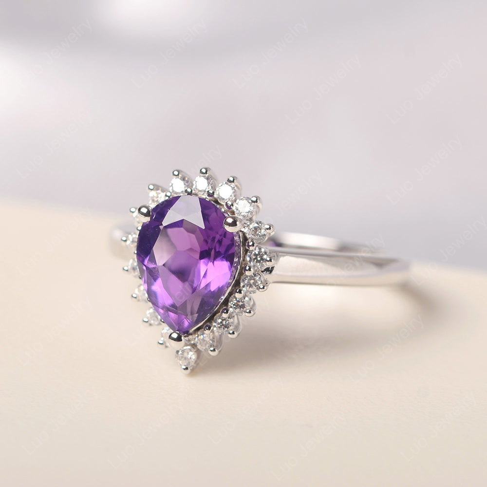 Amethyst Pear Halo Engagement Ring Silver - LUO Jewelry