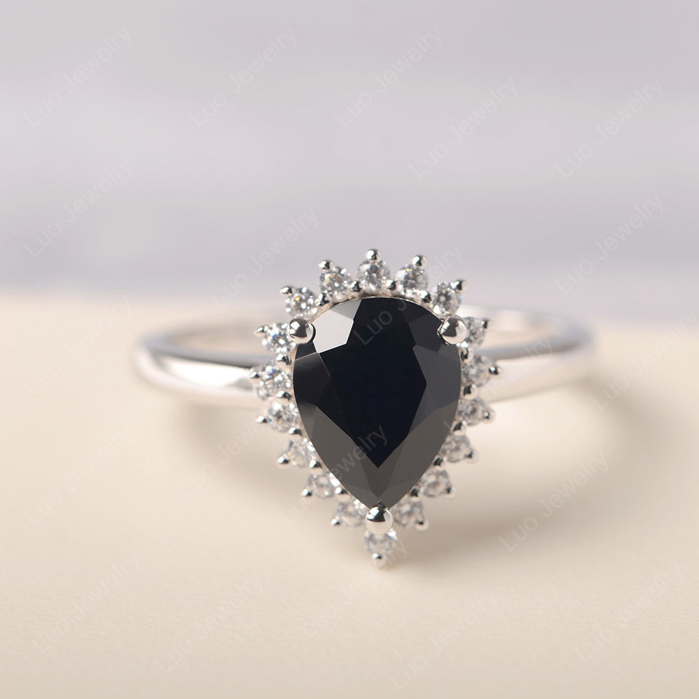 Black Stone Pear Halo Engagement Ring Silver - LUO Jewelry