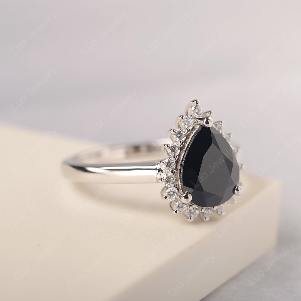 Black Stone Pear Halo Engagement Ring Silver - LUO Jewelry